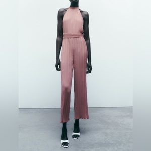 NWT ZARA Medium Jumpsuit Pleated Halter Neck Waistband Wide Leg Trousers Pink